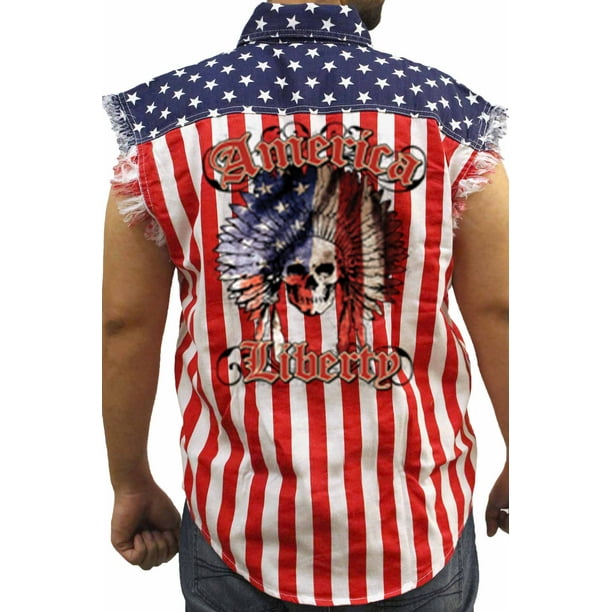 SHORE TRENDZ Mens Sleeveless Denim Shirt USA Flag American Pride Black 